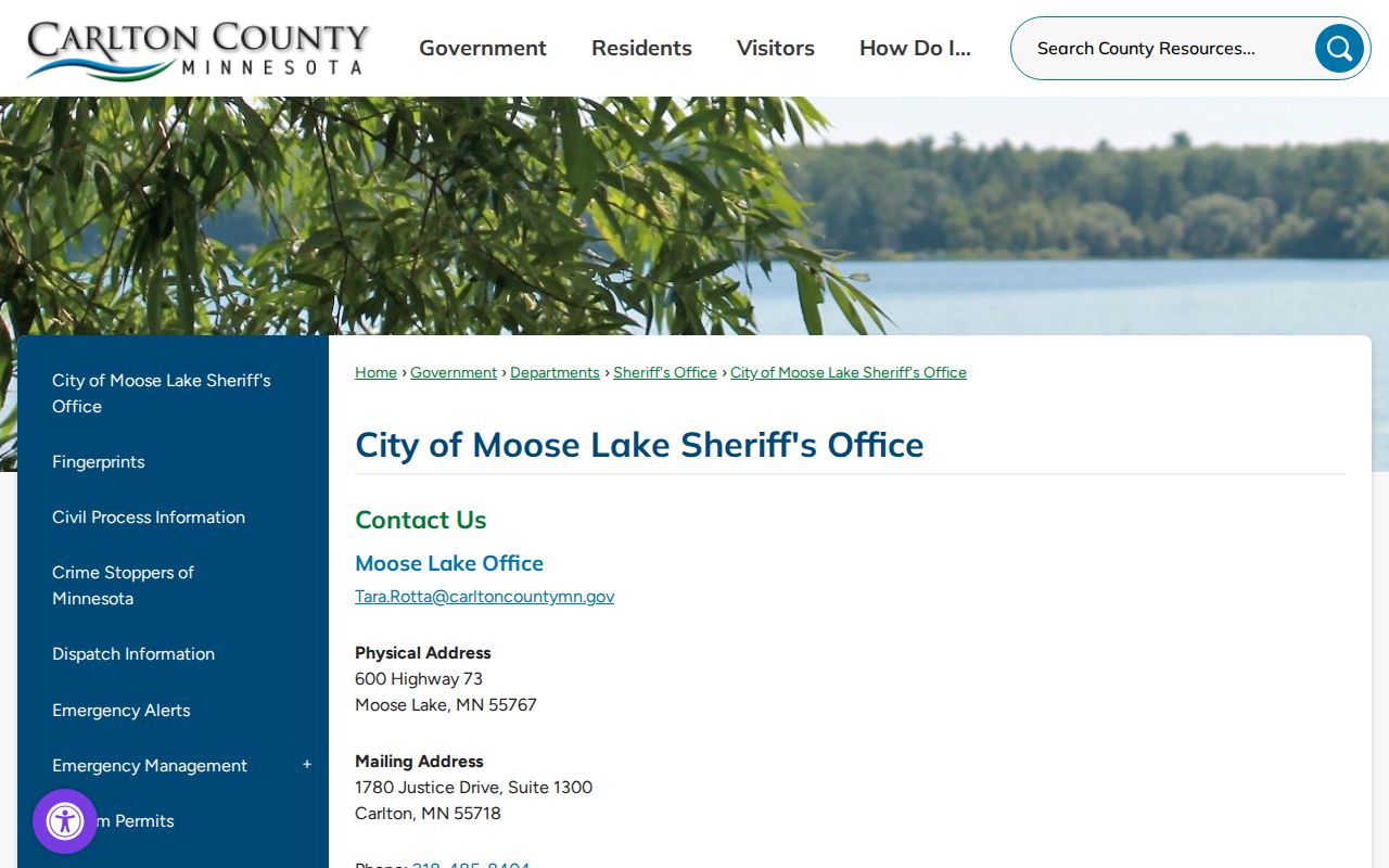 Carlton County Moose Lake Sheriff’s Office records contact page for booking records